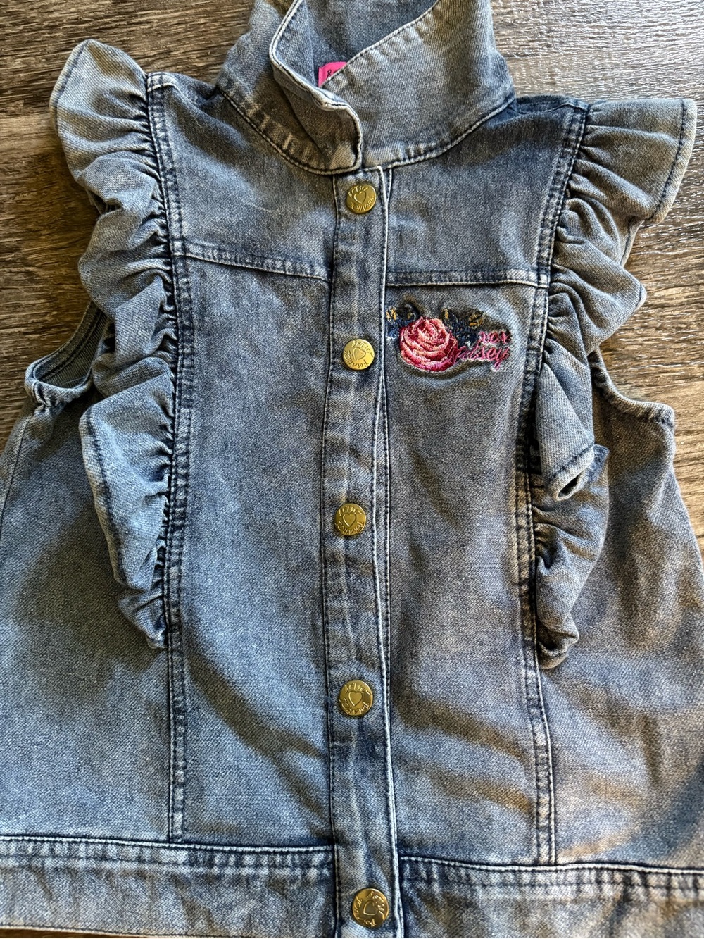 Betsey Johnson Girls Denim Ruffle Vest Embroidered Rose 5T Layering Fall Chic